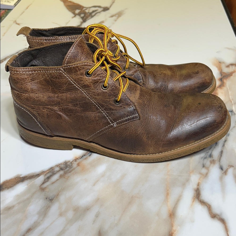 BED|STU Brown Leather Boots with Yellow Laces